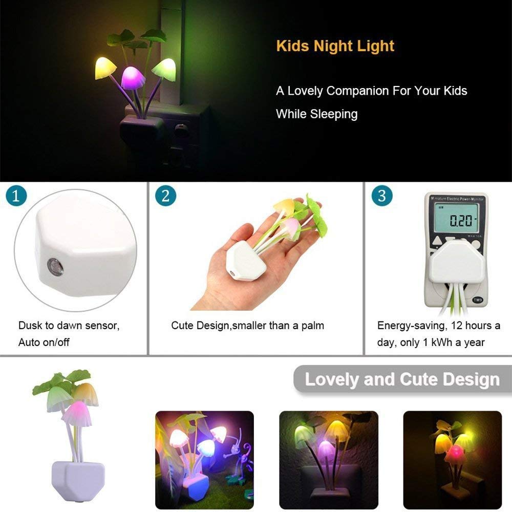 ZEZHOU Smart Sensor Led Night Lights - 2Pack 7 Color Changing Mushroom Nightlight Dusk to Dawn Sensor Auto On/Off, 0.6W Plug-in Wall Dream Bed Lamp, Gift Ideal for Nursery Baby Kids Children Adults