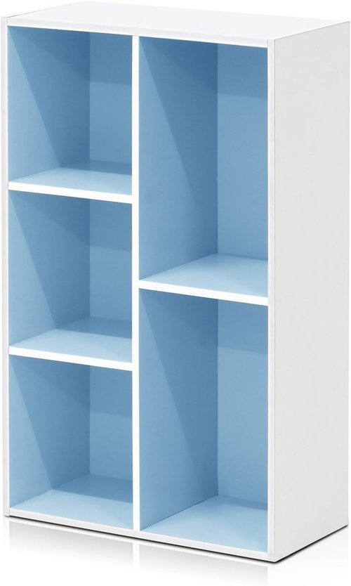 Furinno LUDER Bookshelf - 5-Cube Reversible Bookcase for Easy Assembly | White/Light Blue, 9.4 x 19.5 x 31.5