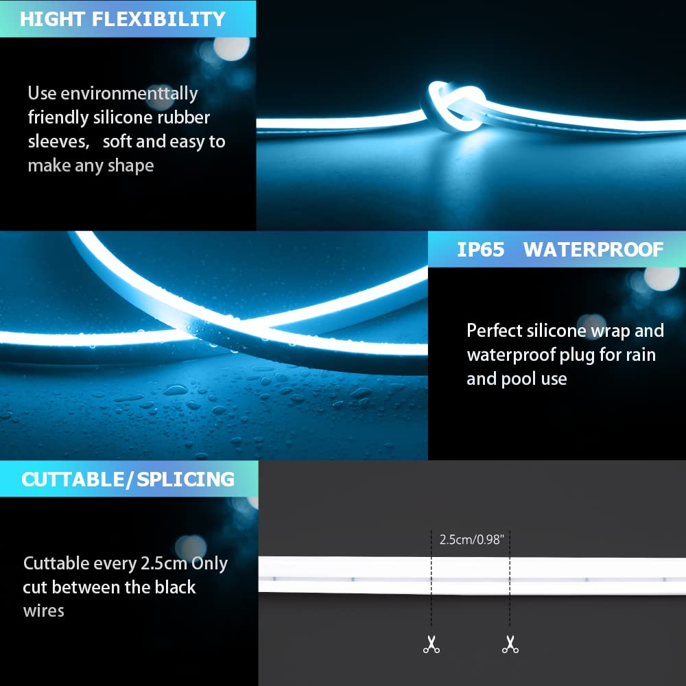 OWOFYDR LED Neon Lights Strip White 16.4FT/5M 12V DC Waterproof Flexible Neon Led Light for Indoors Outdoors Decorn (Ice Blue, 1Pc：No Adapter, No Accessorie)