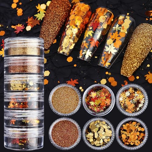 SARATA 6-Grid Maple Leaf Nail Art Glitter Sequins Fall Acrylic Nails Decor