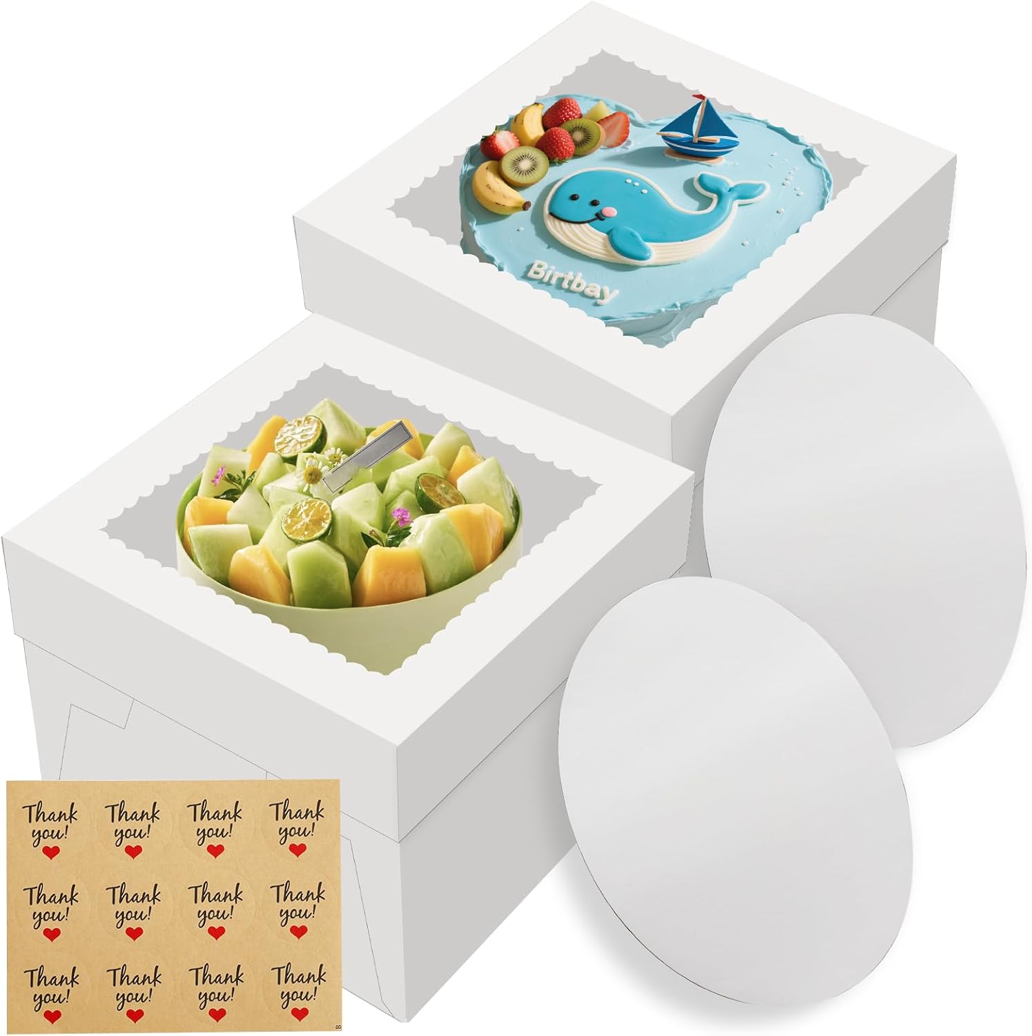 Regine Switzerland Cake Boxes - 12x12x8 Inches Tall White Bakery Boxes with Large Window | 2 Pack for Cakes, Cookies, Pies