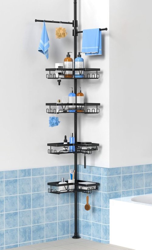 KEGII Black Shower Caddy - Adjustable Tension Pole Organizer with 2 Towel Bars | Rustproof Bathroom Storage, 25–114.2 Inch