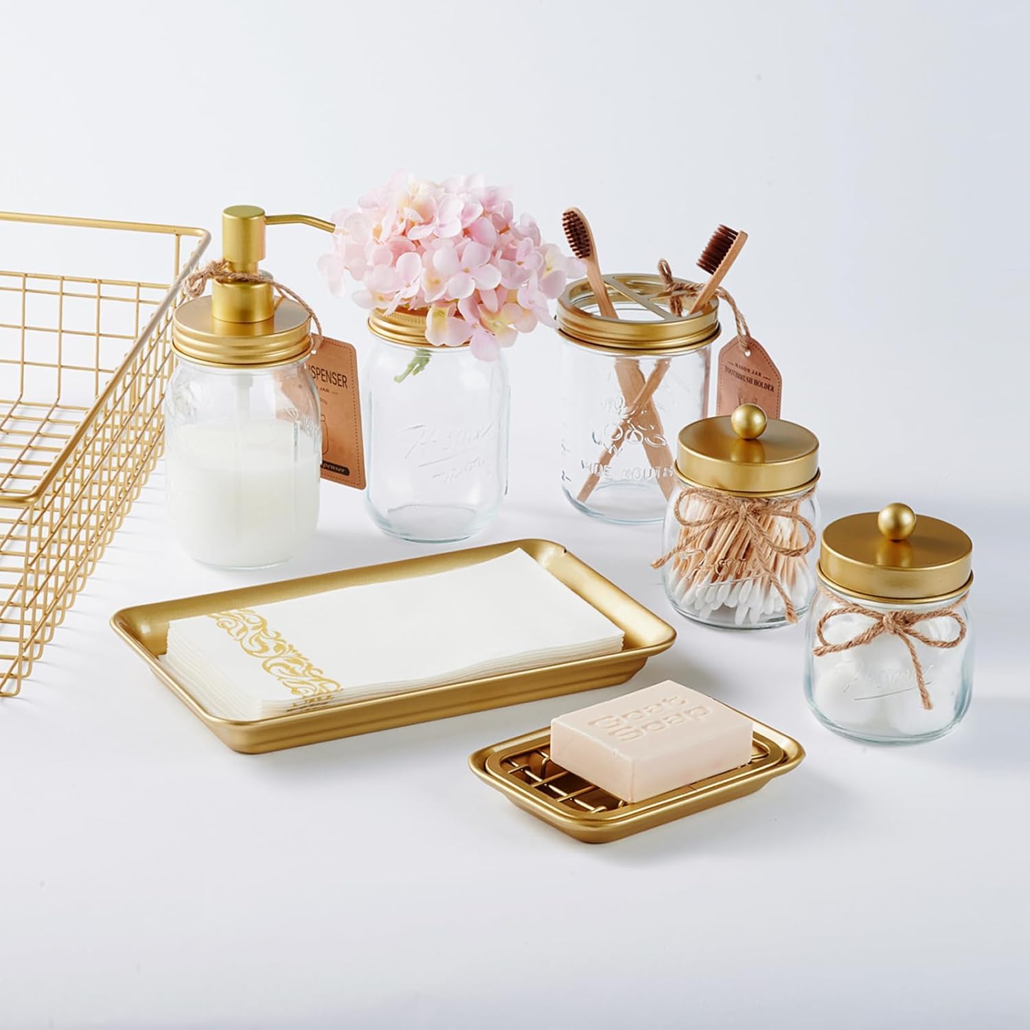 SheeChung Kitchen and Bathroom Soap Dish Tray - Metal Soap Dish Tray with Drainage Grid and Holder for Kitchen Sink Countertops to Store Soap, Sponges, Scrubbers - Rust Resistant (Gold)