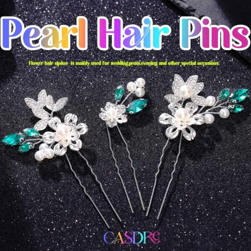 CASDRE Green Crystal Pearl Wedding Hair Pins Bridal Hair Pieces (Pack of 3)