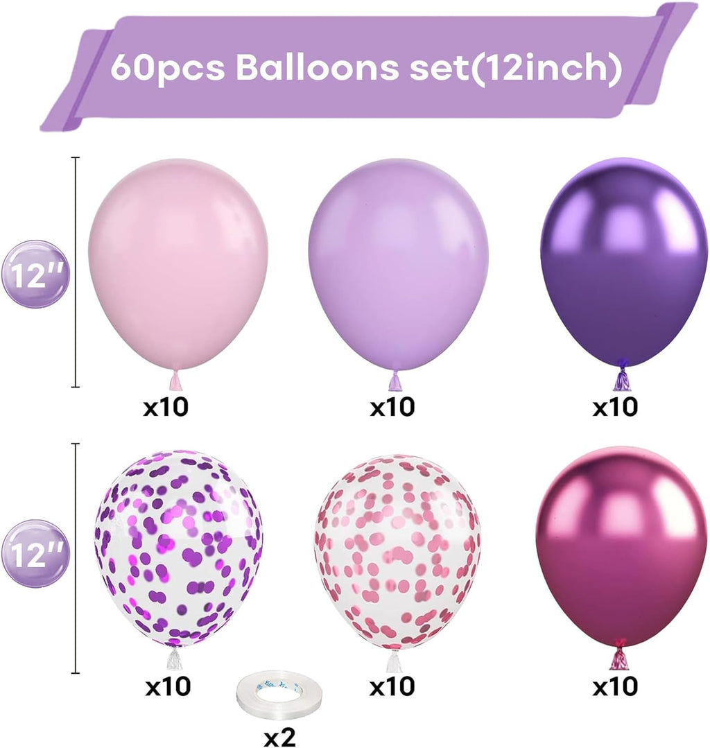 Togvu 12-Inch Metallic Purple & Pink Balloons - 60 Pack Confetti Latex Balloons for Parties & Events