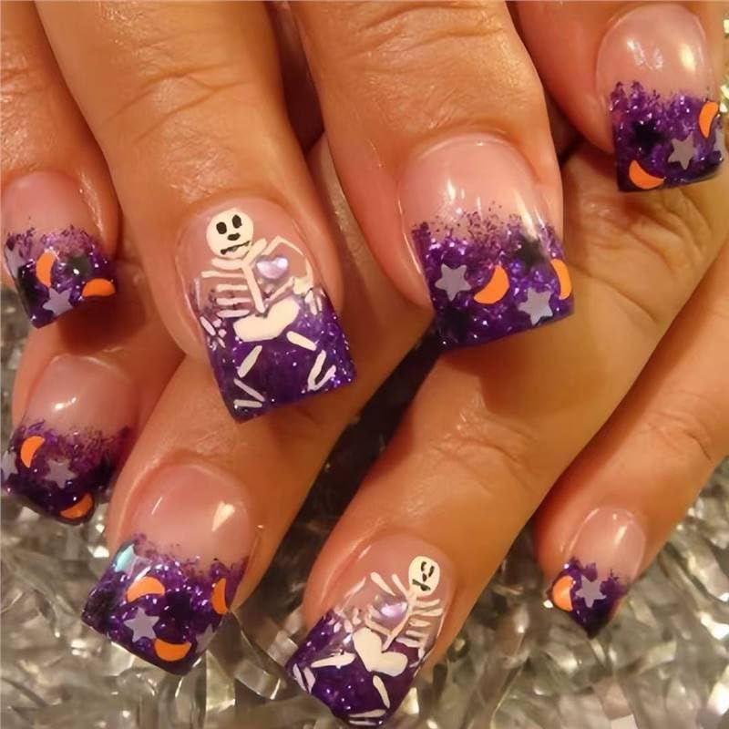 LBPEPAMZ Halloween Press on Nails Short Square Purple Glitter False Nails