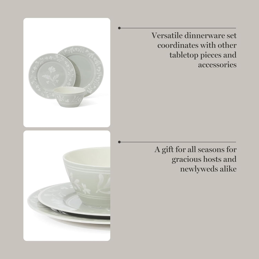Martha Stewart Dinnerware Set - Maiden Crown 12-Piece Floral Dish Set, Sage Green | New Bone China, Service for 4, Microwave & Dishwasher Safe