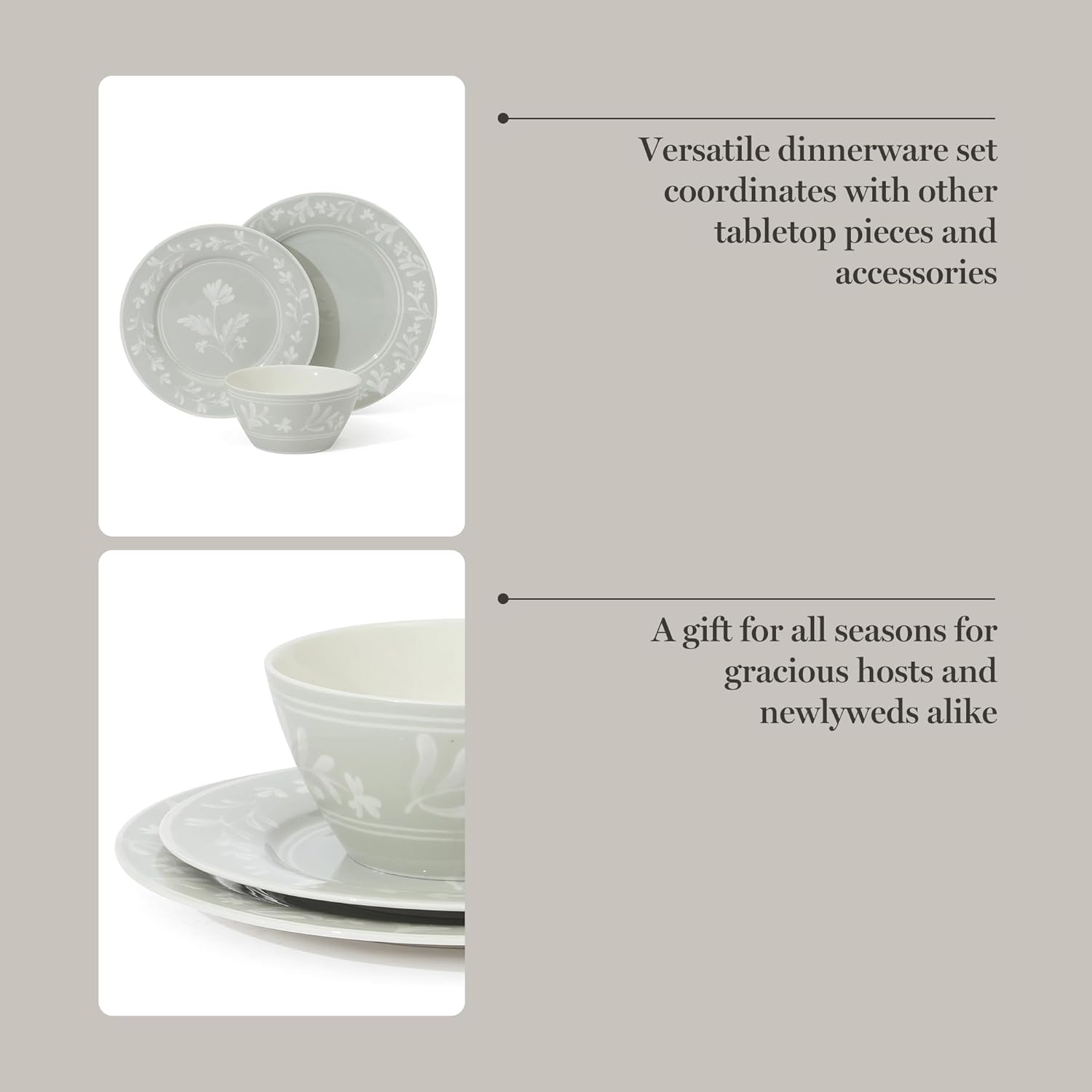 Martha Stewart Dinnerware Set - Maiden Crown 12-Piece Floral Dish Set, Sage Green | New Bone China, Service for 4, Microwave & Dishwasher Safe