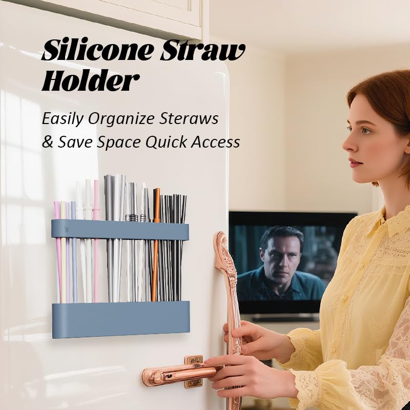 Blue Silicone Straw Holder with 6 Slots for Cabinets & Fridges