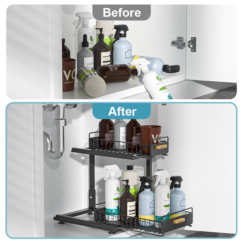 Under Sink Organizer Kitchen, 2 Tier Under Sink Organizers and Storage, Pull out Cabinet Organizer Shelf, Metal Drawer for Kitchen Bathroom Pantry Cabinet Closet Organization Rack, Black, 1 Pack