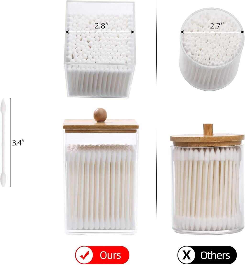 Tbestmax Square Qtip Holder Set - 12 oz Plastic Bathroom Organizers with Bamboo Lids for Cotton Balls & Swabs