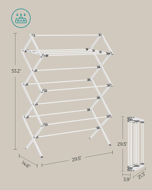 SONGMICS Foldable Clothes Drying Rack, Laundry Drying Rack, Clothes Airer, Steel Frame, 14.6 x 29.5 x 53.2 Inches, Easy Assembly, Indoor Outdoor Use, White ULLR770W01