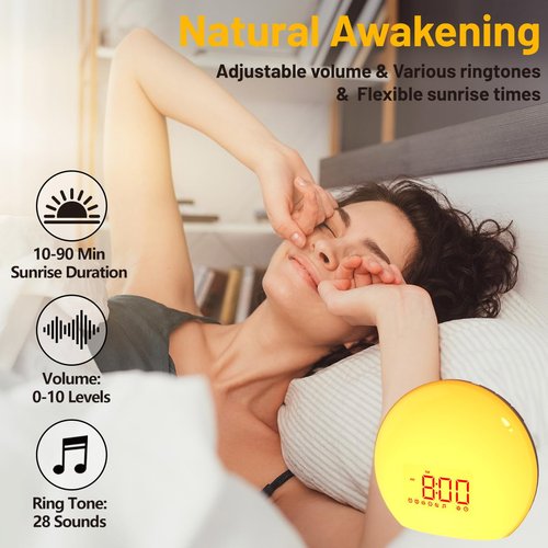 Magicteam Sunrise Alarm Clock Wake Up Clock Natural Sunset Simulation 21 Soothing Sounds Dual Alarm 6 Times Snooze 28 Ringtones Dimmable 12 Colors Night Light 10 Timer Options Adjustable Volume