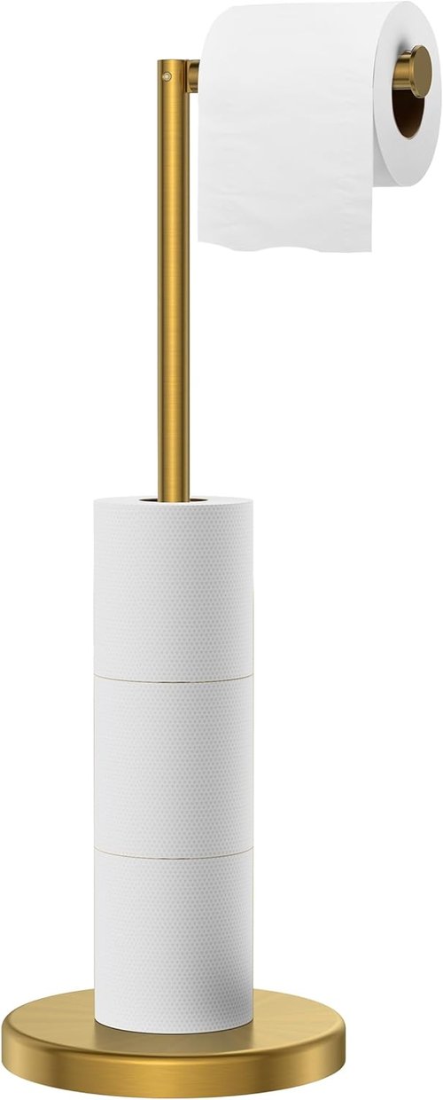 FORIOUS Toilet Paper Holder - Modern Freestanding Tissue Roll Stand in Brushed Gold - Durable 304 Stainless Steel, Holds 4 Rolls