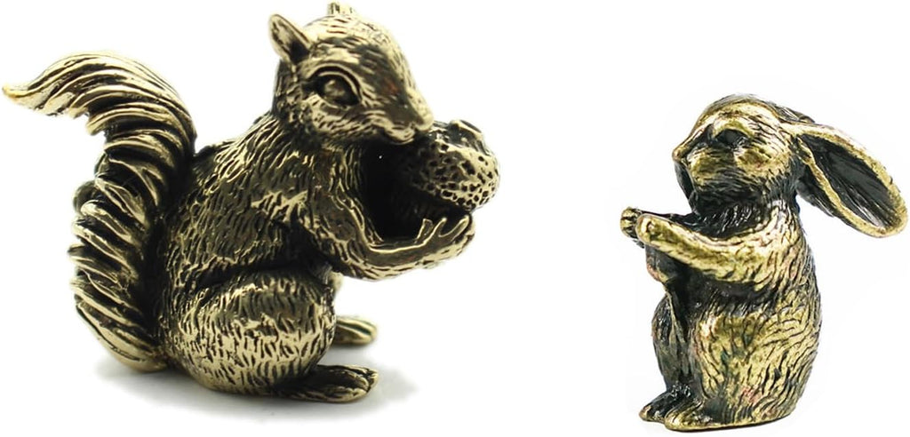 Skiennix Antique Bronze Squirrel & Rabbit Statues - Solid Copper Figurines for Desk Decoration | 2PCS Set