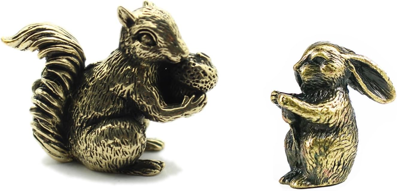 Skiennix Antique Bronze Squirrel & Rabbit Statues - Solid Copper Figurines for Desk Decoration | 2PCS Set
