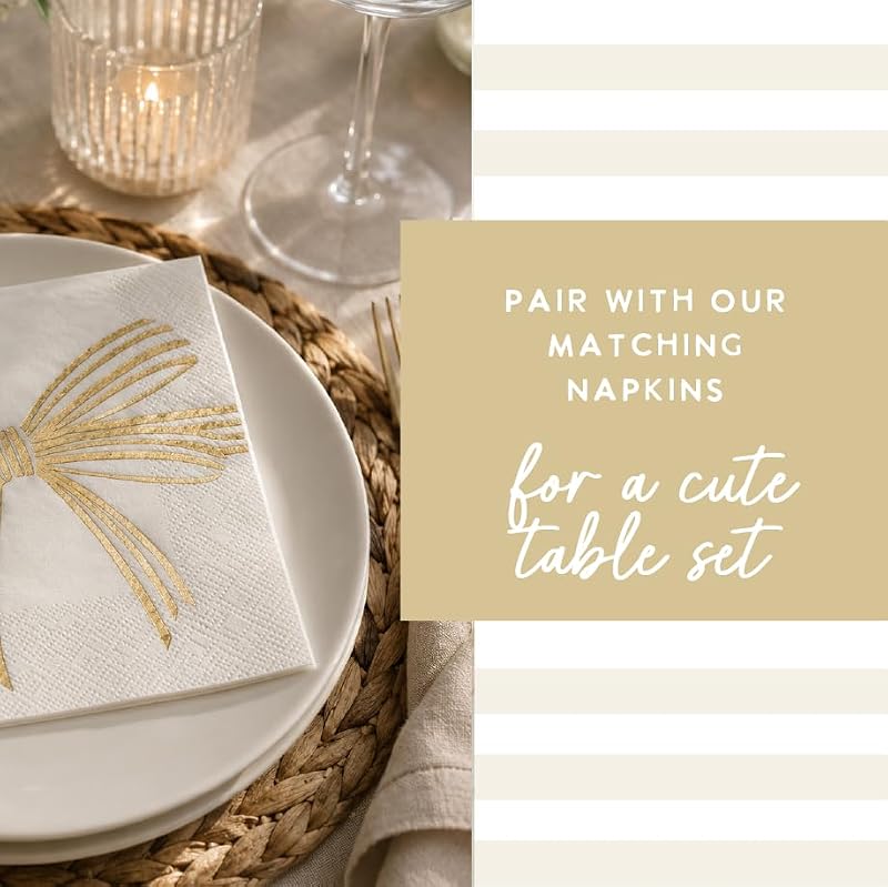 Gold Bow Cocktail Napkins - 20-Count Disposable Beverage Napkins