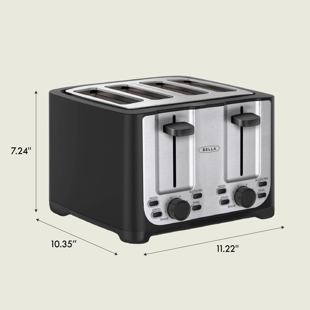 bella 4 Slice Toaster with Auto Shut Off, Extra Wide Slots & Removable Crumb Tray and Cancel, Defrost & Reheat Function, Toast Bread & Bagel, Black