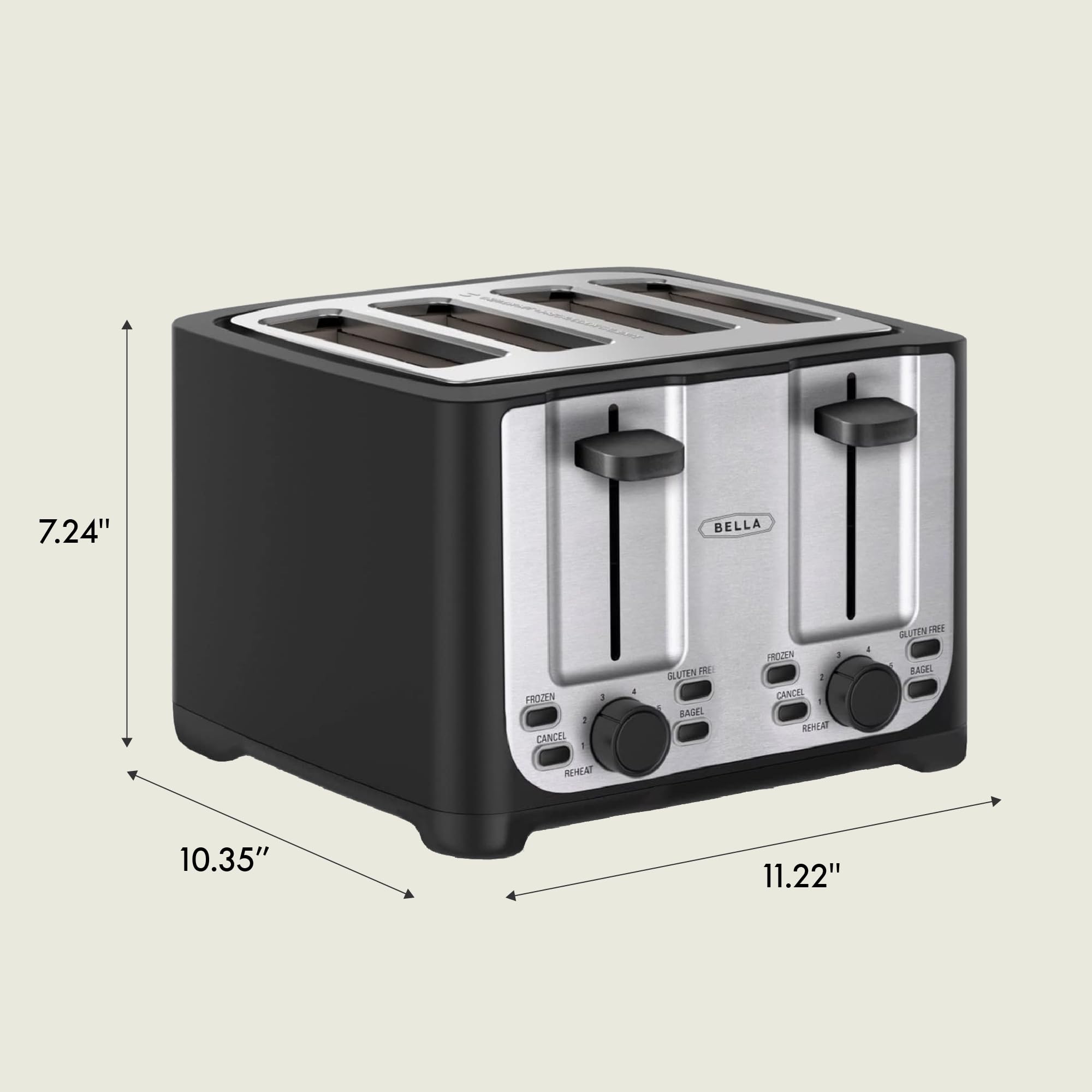 bella 4 Slice Toaster with Auto Shut Off, Extra Wide Slots & Removable Crumb Tray and Cancel, Defrost & Reheat Function, Toast Bread & Bagel, Black