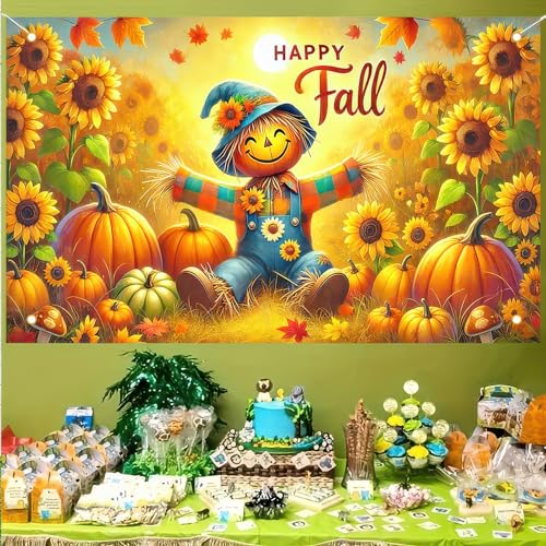 BlissYard Happy Fall Scarecrow Banner Thanksgiving Porch Decoration 71x43
