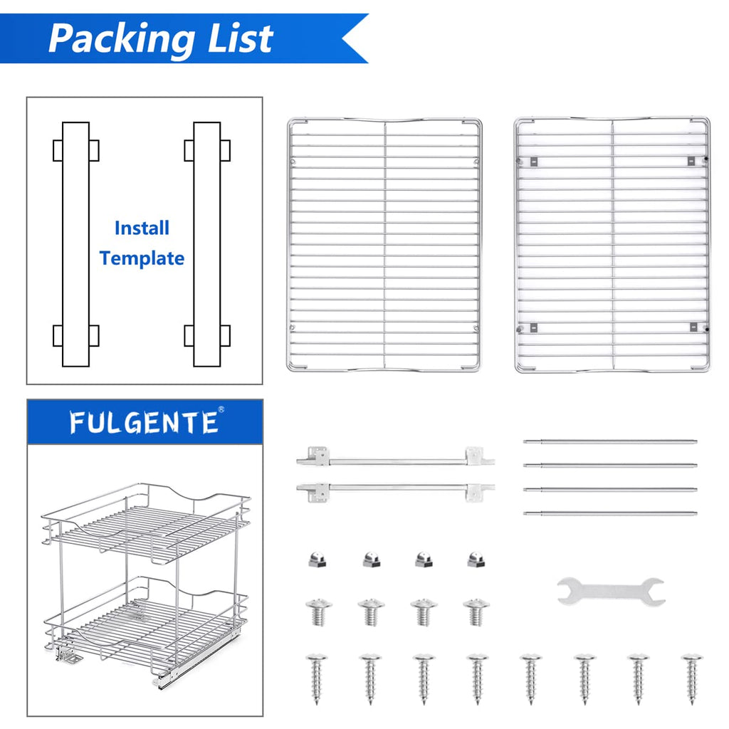 Fulgente Chrome Finish Pull Out Drawer Cabinet Organizer, Professional Wire Frame 2 Tier Heavy Duty Slide Out Kitchen Cabinet Storage Shelves, Sliding Drawer for Cabinet 11"W x 21"D