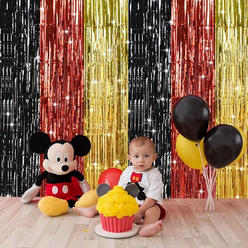 TONIFUL Metallic Foil Fringe Curtains - 2 Pack Black Red Gold Party Backdrop
