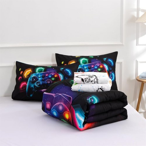 NTBED Game Console Comforter Set for Boys Girls Kids Space Universe Gaming Lightweight Microfiber Gamer Bedding Sets (Multi, Queen 5Pcs)