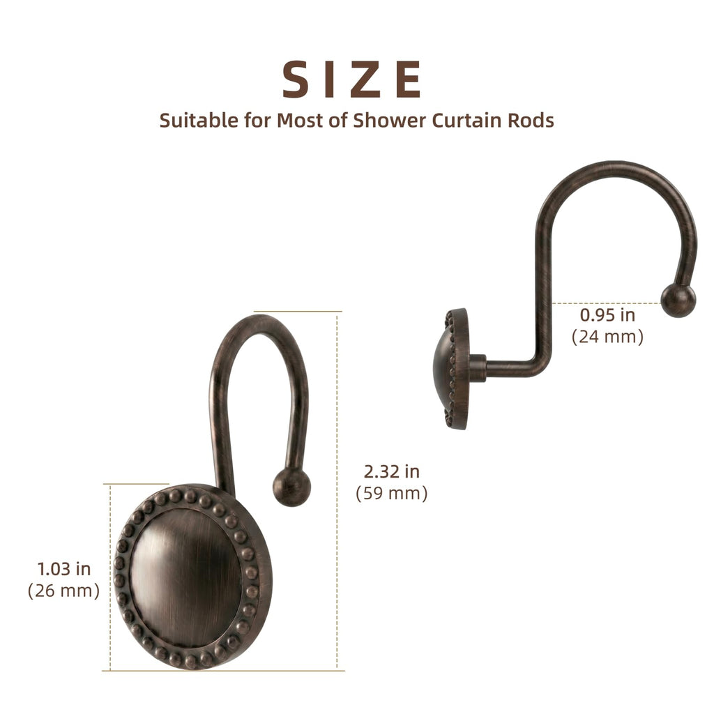 PSPFTN 12-Piece Set of Shower Curtain Hooks，Metal Decorative Rings， Anti-Rust Circular Design，Heavy Duty Design (Bronze)