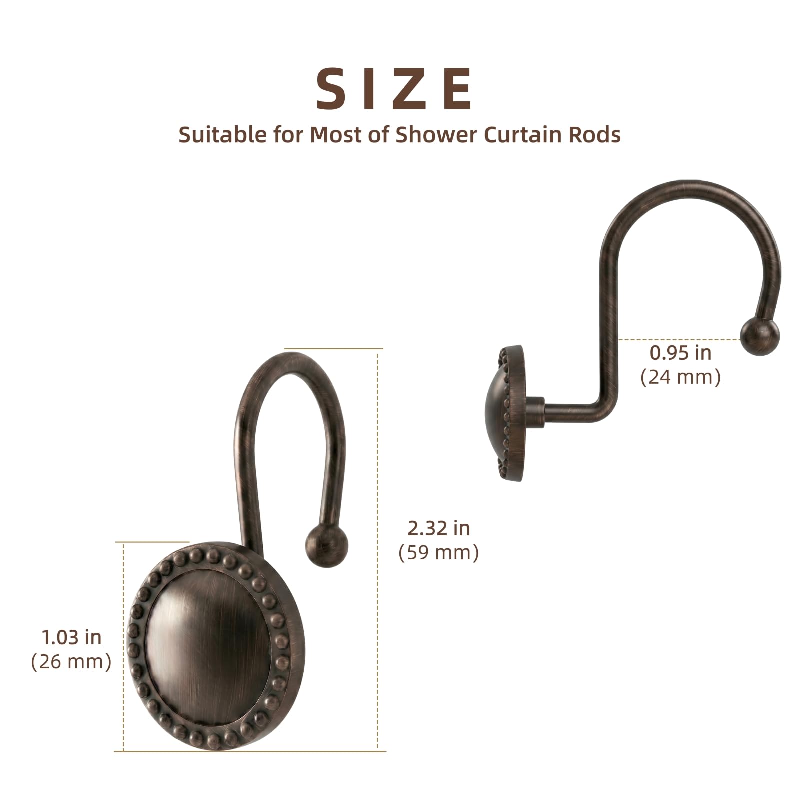 PSPFTN 12-Piece Set of Shower Curtain Hooks，Metal Decorative Rings， Anti-Rust Circular Design，Heavy Duty Design (Bronze)