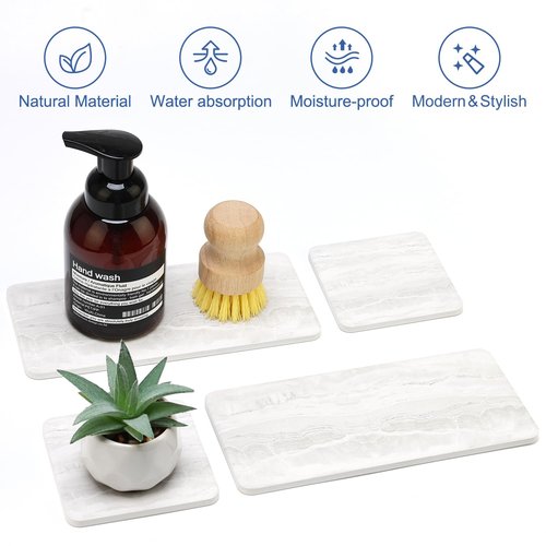4 Pack Water Absorbing Stone Drying Tray for Bathroom Sink Trays Kitchen Counter Diatomite Stone Quick Dry Diatomaceous Earth Mat for Sink Kitchen Soap Trays Ceramic Marble Bathroom Vanity Tray