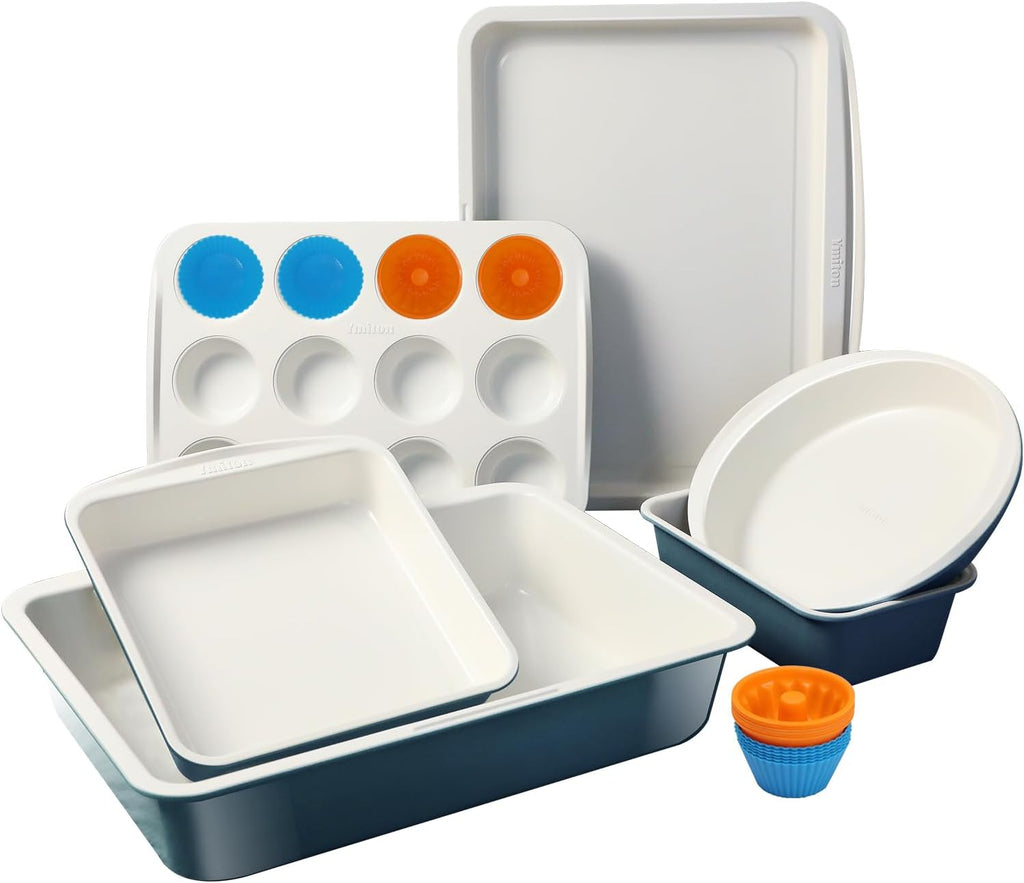 Skiennix Ceramic Nonstick Baking Pans Set - 30 PCS Stackable Bakeware, 550°F Oven Safe, Dishwasher Safe (Blue)