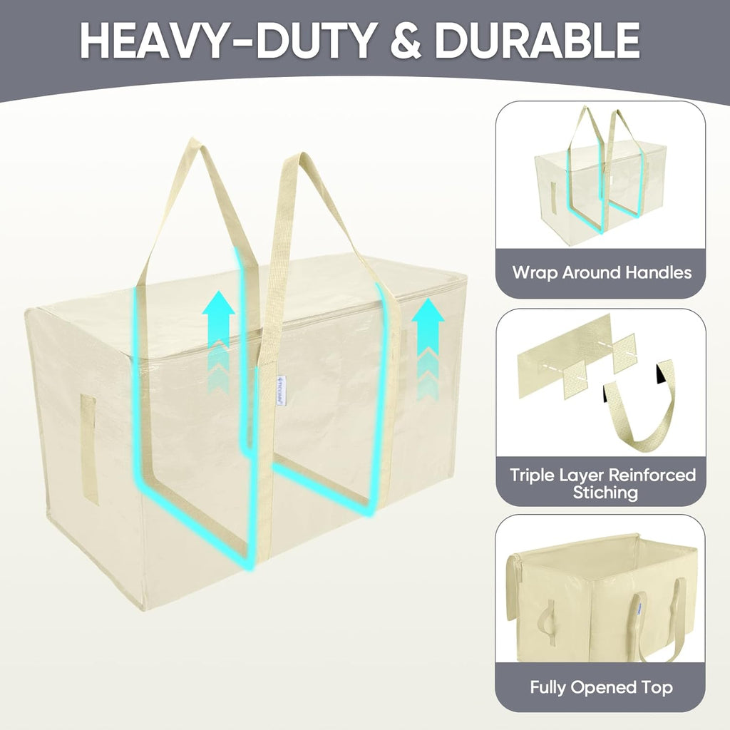 TICONN Extra Large Heavy-Duty Moving Bags - Durable Storage with Zippers & Handles | 6 Pack, Cream
