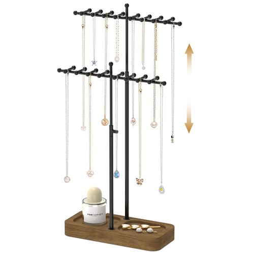 MODOWEY Necklace Holder Organizer Stand with 36 Hooks, Tall Display Tree Rack for Women Men Jewelry Storage, Adjustable 2 Tier Metal Hanger Wood Tray for Vendor, Large Capacity for Dresser Small Space