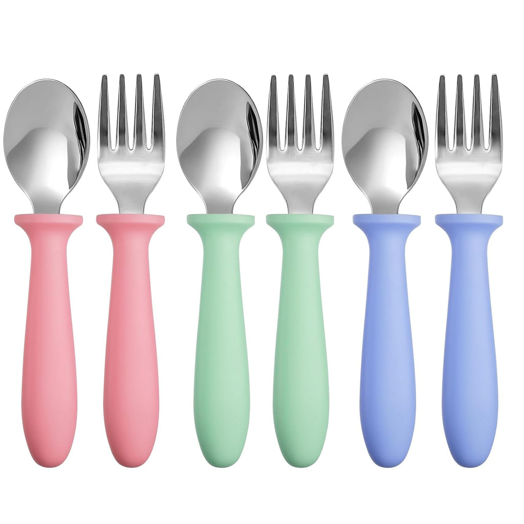 Pimoys Toddler Utensils Set - 6-Piece Stainless Steel Forks & Spoons with Plastic Handles | Dishwasher Safe