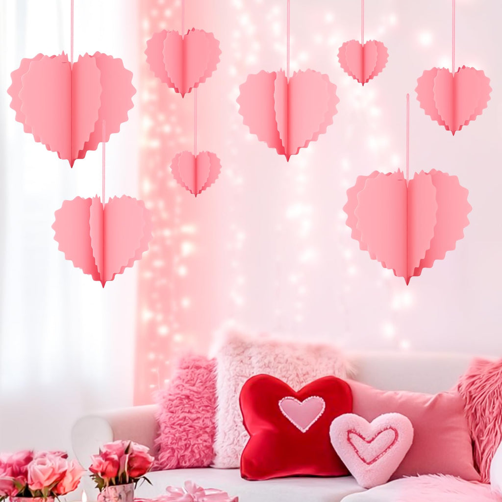 Valentines Day Decorations - 8 Pcs Pink 3D Valentines Hanging Hearts Ornaments Paper Valentines Tree Decorations for Valentines, Wedding, Engagement, Anniversary, Galentines Party Décor