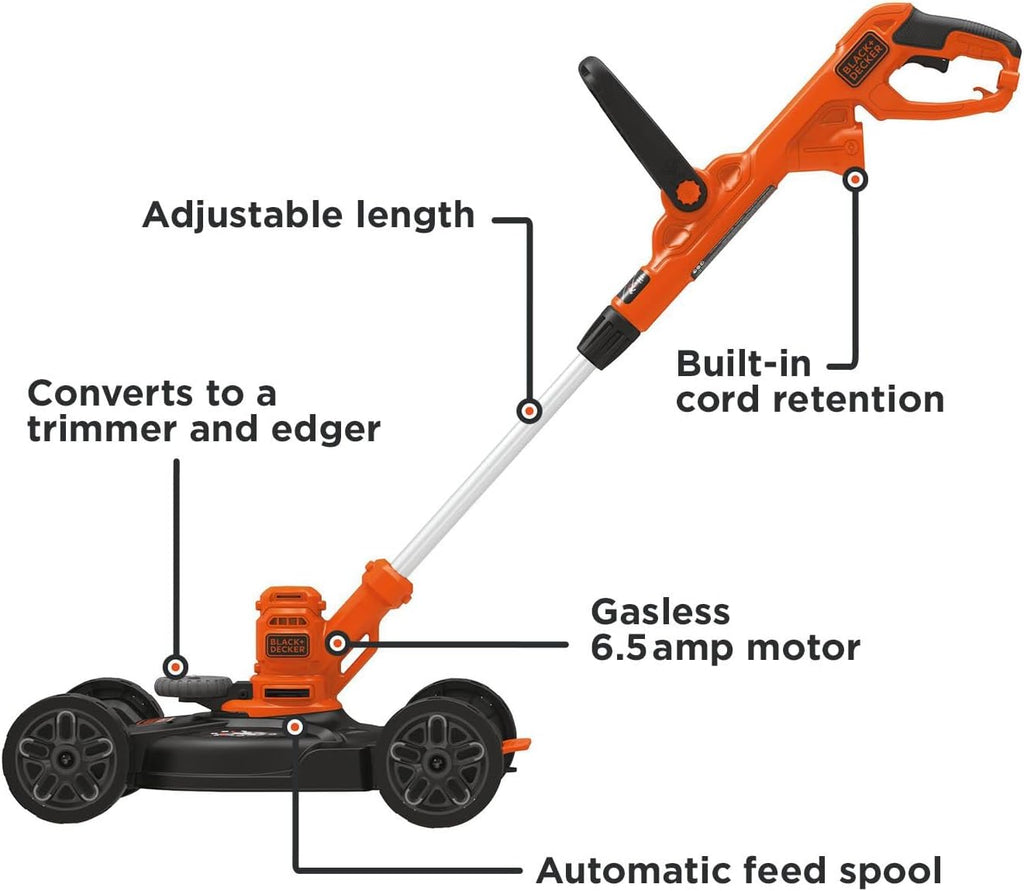 BLACK+DECKER 3-in-1 Electric Lawn Mower Combo - Corded 12-Inch, 6.5 Amp Weed Eater & Edger