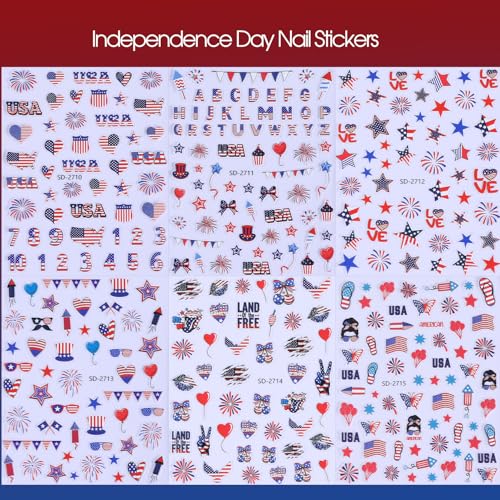 4th of July 5D Embossed Nail Stickers - 6 Sheets Patriotic Stars & Fireworks