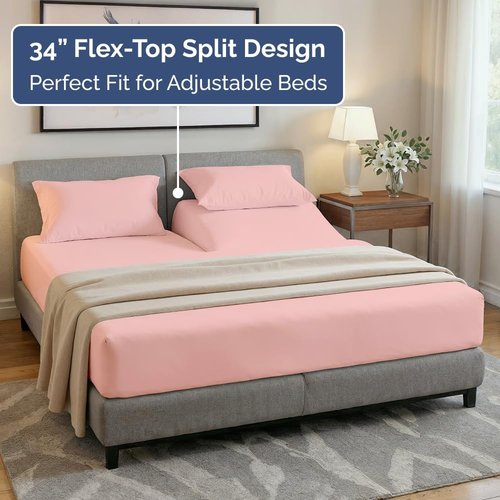 Flex Top Split Head King Sheet Set - Comfy, Breathable & Cooling Luxury Bedding - Deep Pockets, Soft Oeko-Tex - Baby Pink
