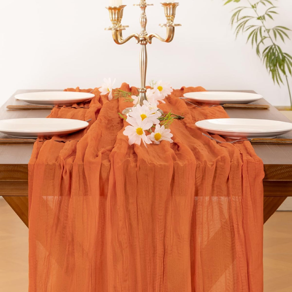 Socomi Cheesecloth Table Runner - Boho Rustic Sheer Design | 120 Inch Orange for Weddings & Events