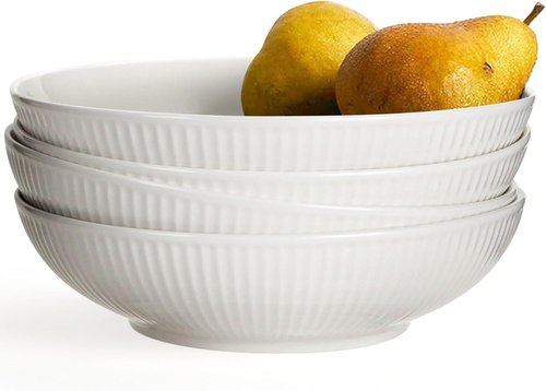 Artena Pasta Bowls Set of 4 - 32oz Ceramic Striped Salad Bowls | 8-Inch Wide Shallow Serving Bowls