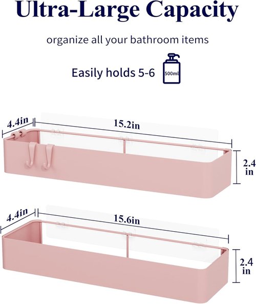 Kitsure Shower Caddy | 2 Pack Adhesive Organizer - Rustproof Metal Shelves, No-Drill, Pink, XX-Large