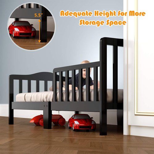 Costzon Toddler Bed, Classic Wood Kids Bed Frame w/Double Safety Guardrail, Low to Floor Design, Wooden Slat Support, Fits Full Size Crib Mattress, Bedroom Furniture for Boys & Girls (Black)