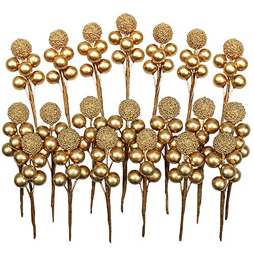 Artificial Gold Holly Berry Stems for Christmas Wreaths and Decorations - 20 Pack