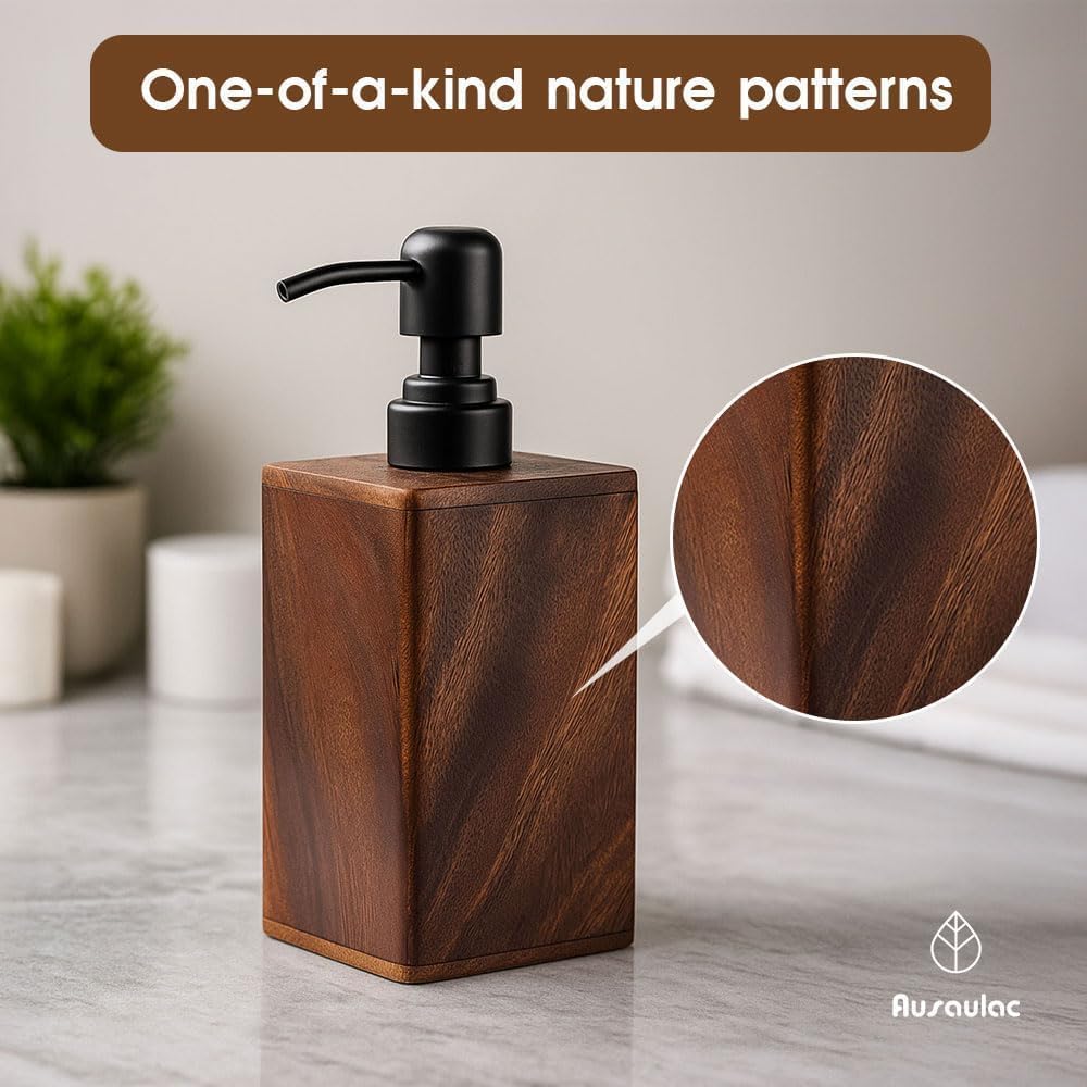 AUSAULAC 200ml Solid Wood Soap Dispenser for Bathroom,Kitchen –Wooden Refillable Hand Soap Pump, Lotion Dispenser, Bathroom Accessories, Wood Lotion Container (7oz/200ml)