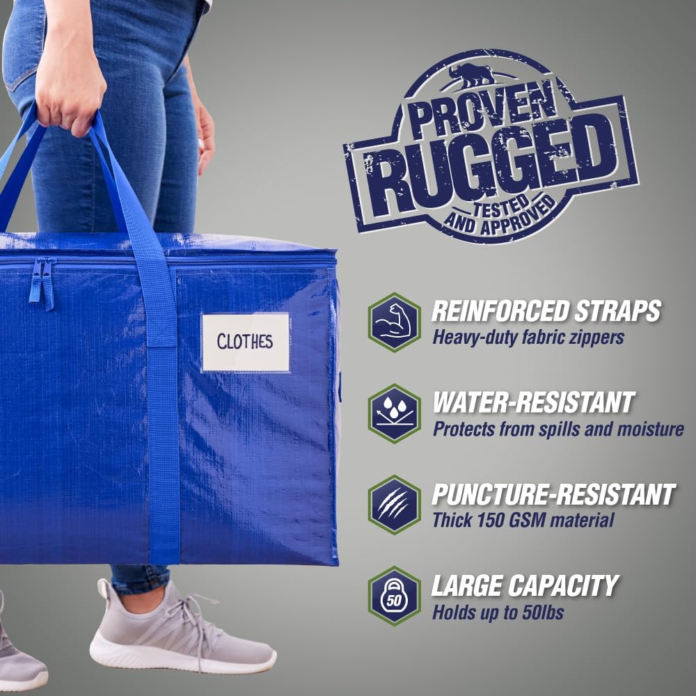 RUGGED RHINO Heavy Duty Extra Large Moving Bags - Durable Blue Storage Solution with Strong Handles & Zipper | 2 Pack