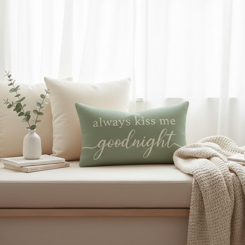 HERHOME Decorative Throw Pillow Cover 12x20 Inch, Always Kiss Me Goodnight Sage Green Lumbar Cushion Case for Bedroom Bed Sofa, Sweet Gifts for Couples Wedding Anniversary Spring Summer Home Decor