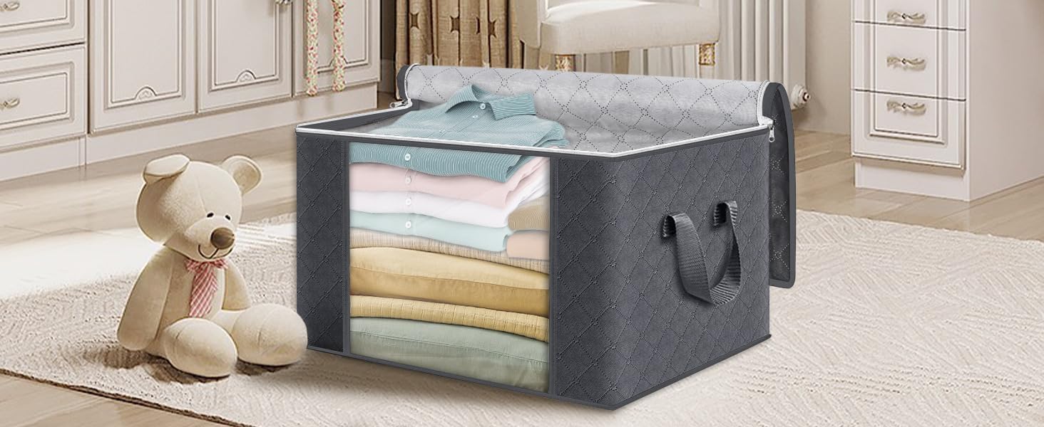 Skiennix Large Clothes Storage Bags - 4 Pack Foldable Organizers with Clear Window for Blankets & Seasonal Clothing | Gray