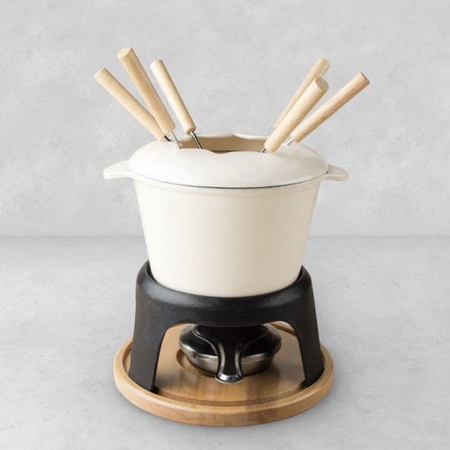 Twine Cast Iron Fondue Set with Metal Stand and Forks, Chocolate Melting Pot, Cheese Fondue Kit Set, Hosting Essentials 8.5", Off-Cream