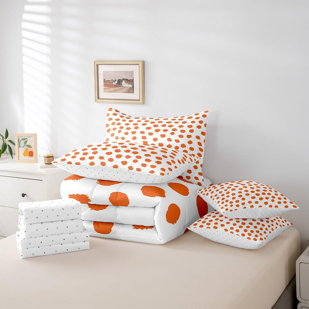 Erosebridal Brush Stroke Sheet Set Queen Size Polka Dots Bed in A Bag 7 Pcs for Kids Girls Boys Farmhouse Orange White Comforter Set Lightweight Bed Set