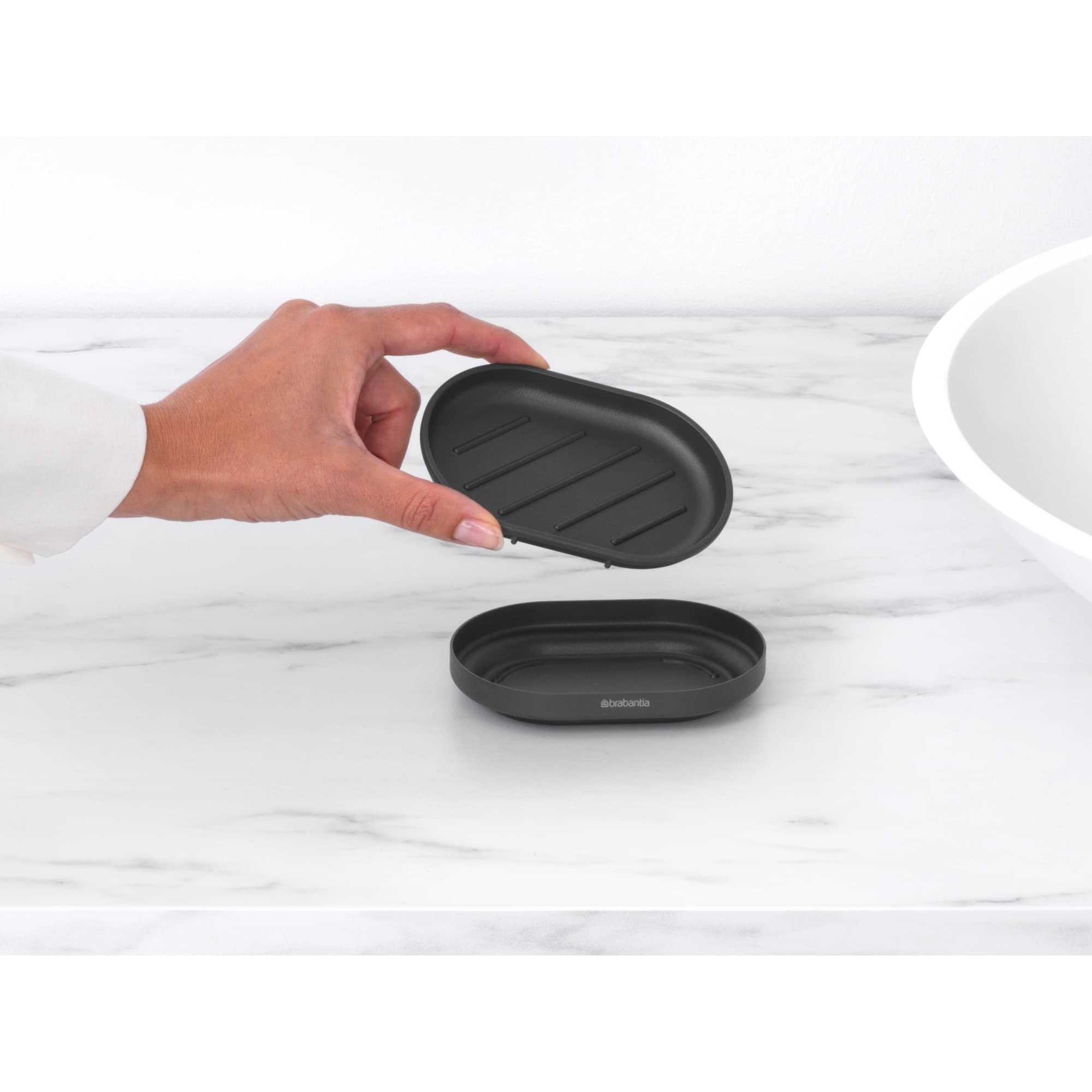 Brabantia Mindset Soap Dish (Mineral Infinite Gray) Anti-Rust Metal, Non-Slip Basin Soap Tray Holder for Bathroom, Shower, Kitchen Sink